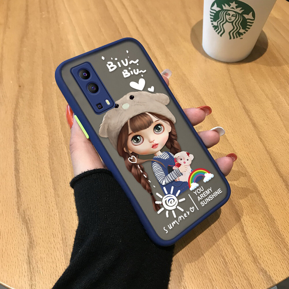 Hontinga Casing Case For VIVO Y72 5G Case Cute Rainbow Girls Lovely Girl Frosted Transparent Hard Anime Phone Case Full Back Cover Casing Lens Camera Protector Cases Hard Case For Girls For Women