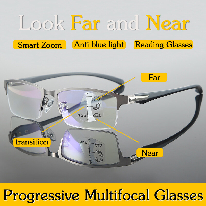 【3in1】Progressive Multifocal Reading Glasses Smart Zoom Anti-Blue Light Metal Frame Glasses Business Style Presbyopic Glasses